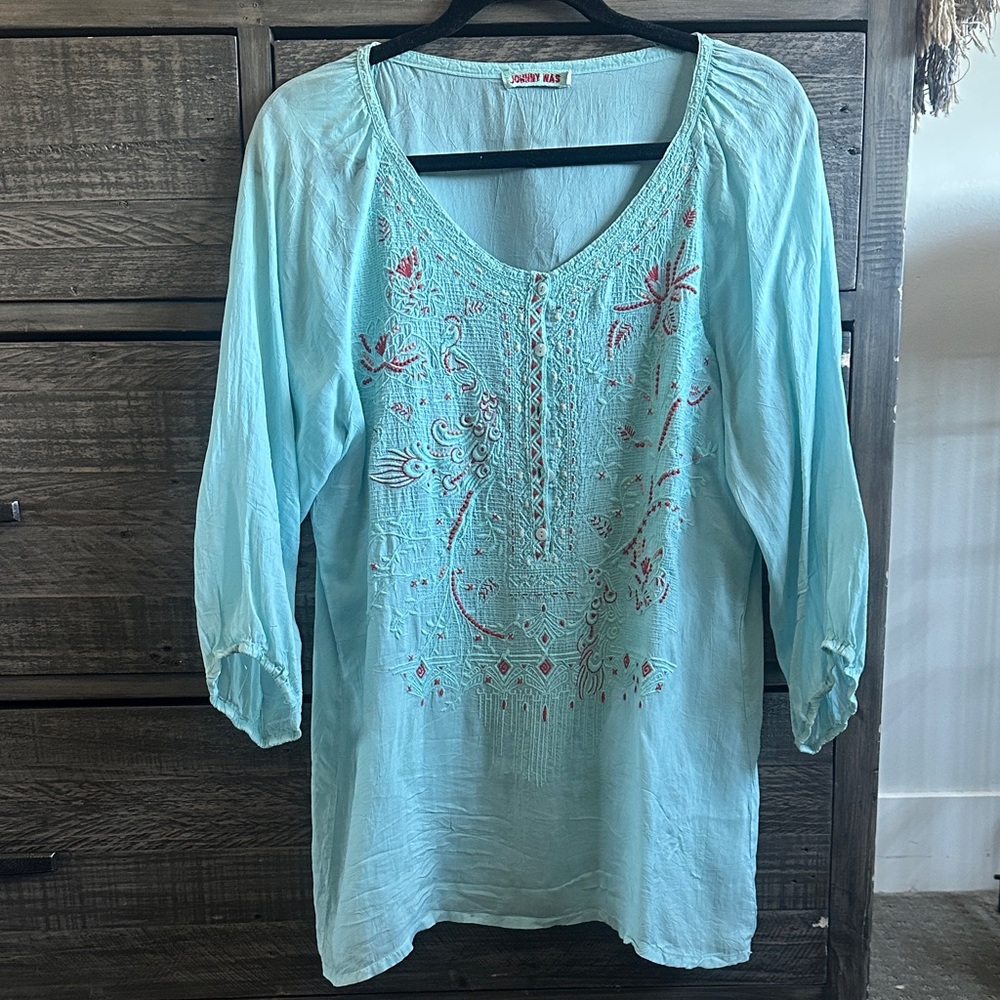 Johnny Was Light Blue Embroidered Tunic